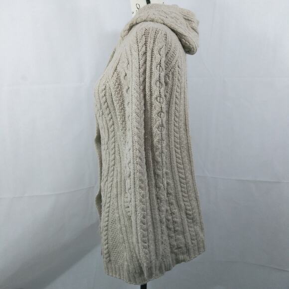 INIS CRAFTS IRELAND Merino Wool Oatmeal Button Down Hooded Cable Knit Sweater S - Picture 6 of 11